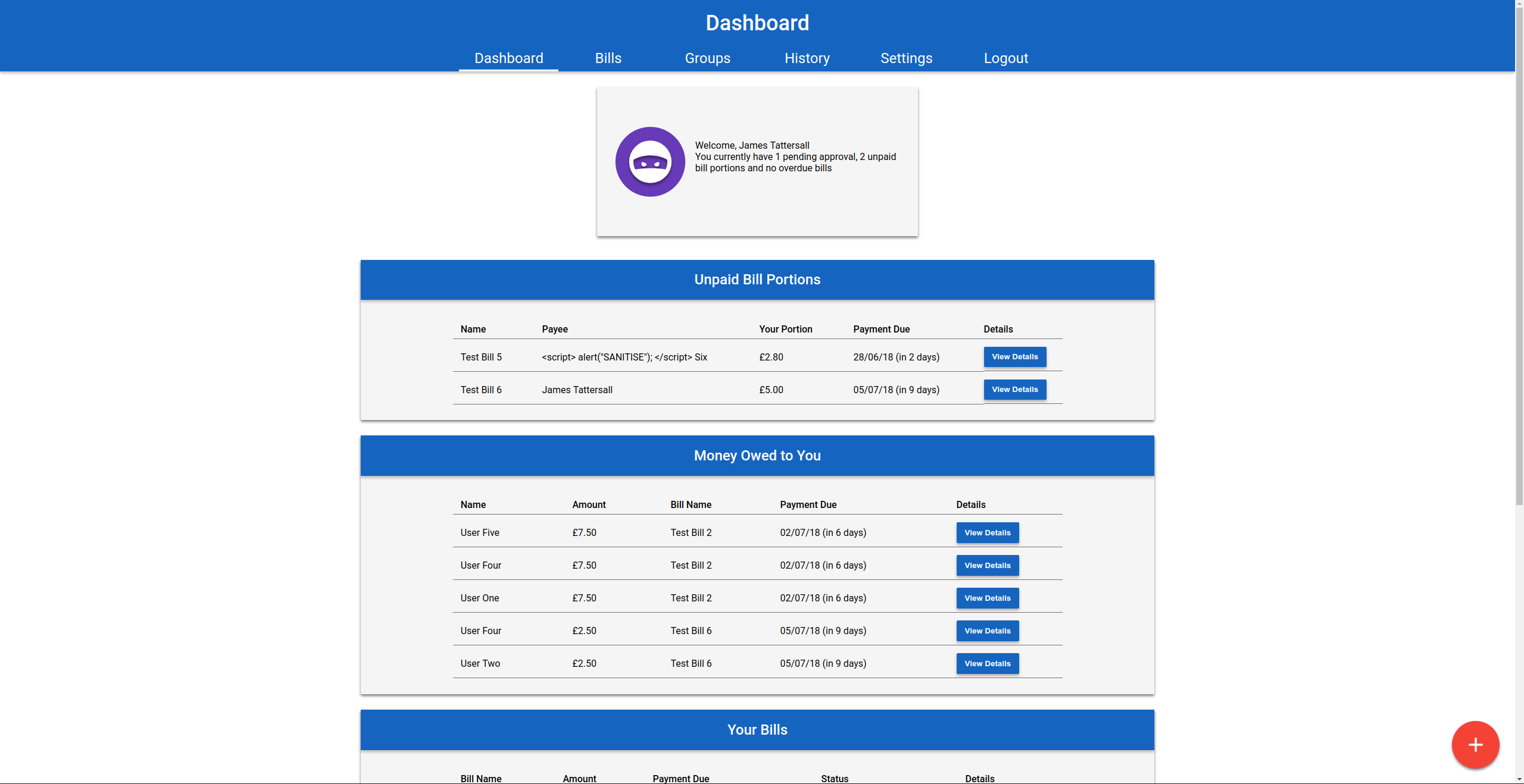 Main dashboard, summarising outstanding payments